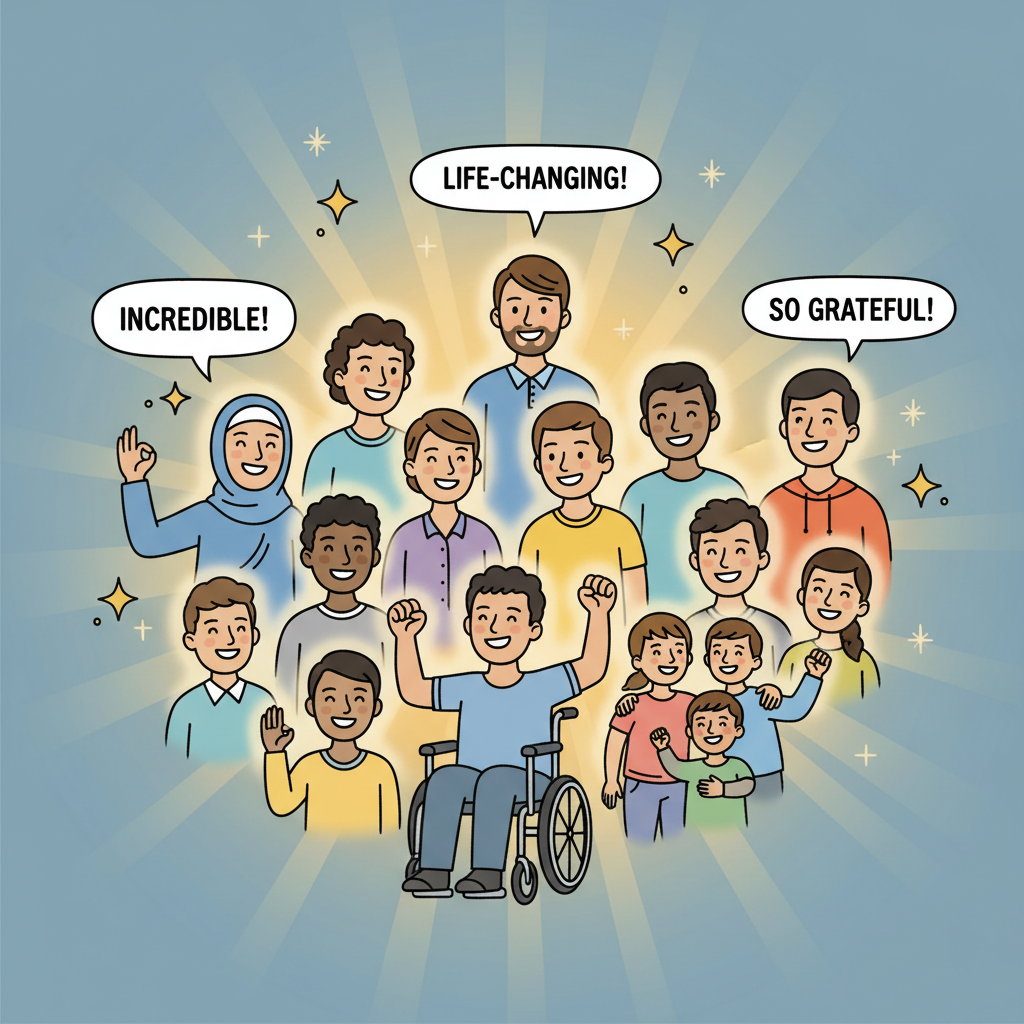 Cartoon illustration of a diverse group of happy community members sharing their testimonials, surrounded by golden light and stars